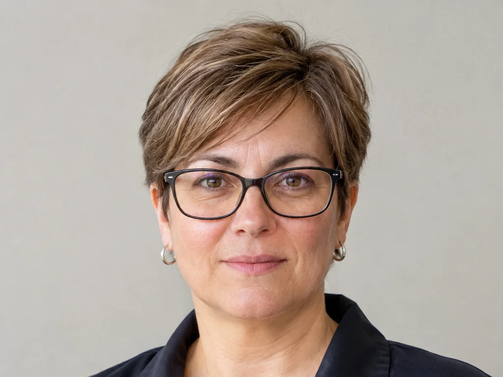 Marta Castiñeira, modista del taller de Tarnesford, con gafas y bata azul marino
